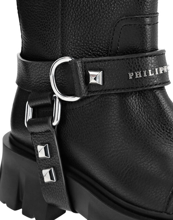 Leather Biker Boots Mid Flat Iconic Plein | Philipp Plein Outlet