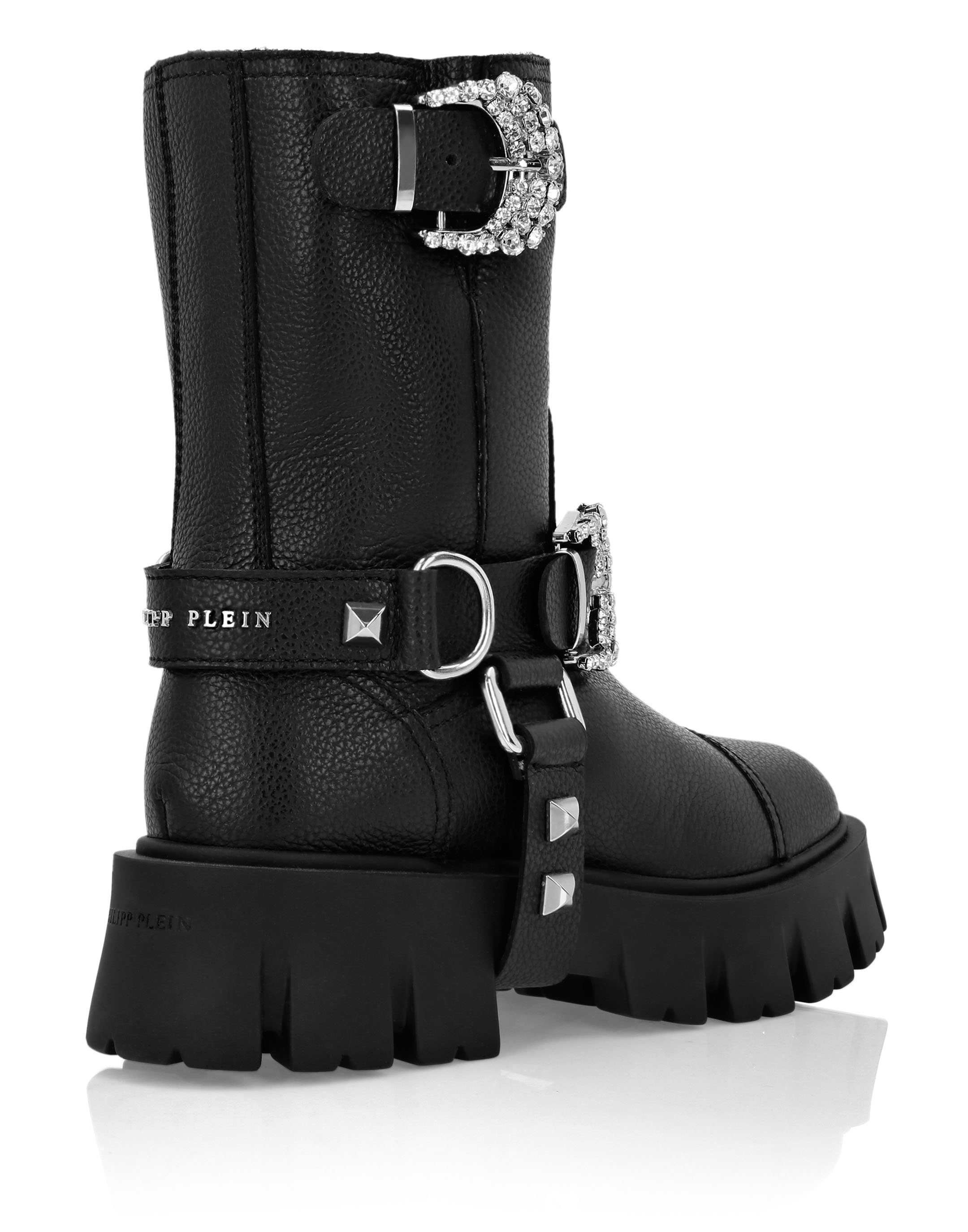 Leather Biker Boots Crystal Buckle | Philipp Plein Outlet