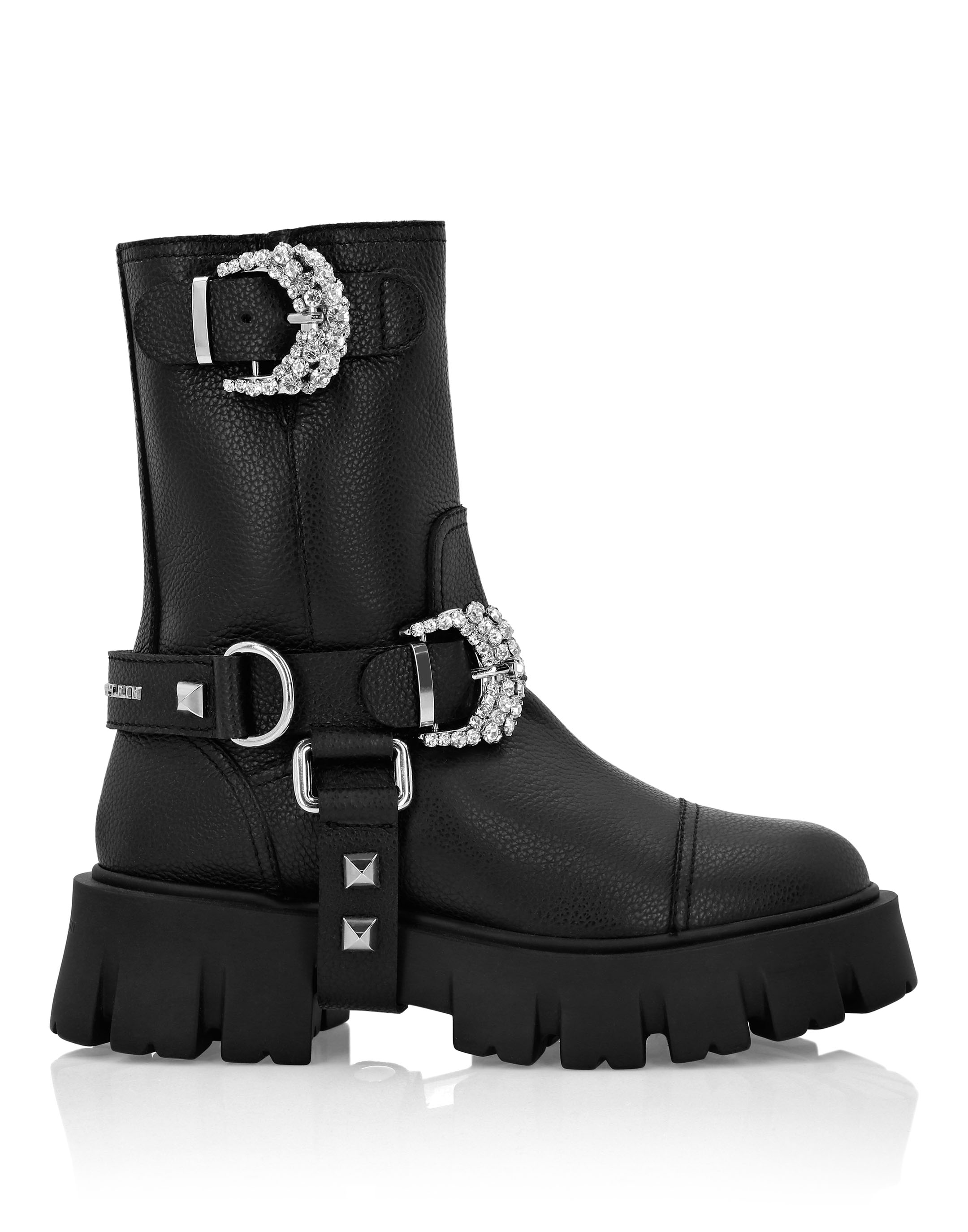 Leather Biker Boots Crystal Buckle | Philipp Plein Outlet